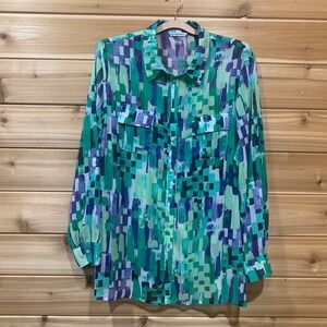Allison Daley Sheer Button Down Blouse Abstract Print L/S‎ Smocked Back Size 16